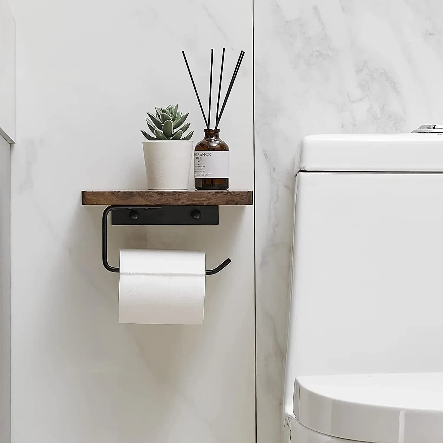 HeMu No Drill Walnut Wood Toilet Paper Holder with Shelf – Wall Mounted Tissue Roll Hanger with Phone Shelf for Bathroom