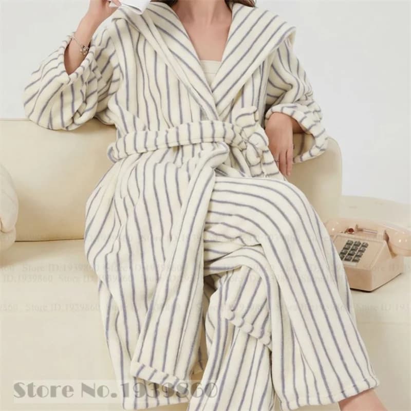 Winter New Thicken Flannel Female Long Robe Pajamas Set White Stripe Hooded Bathrobe Nightgown Homewear Coral Fleece Loungewear
