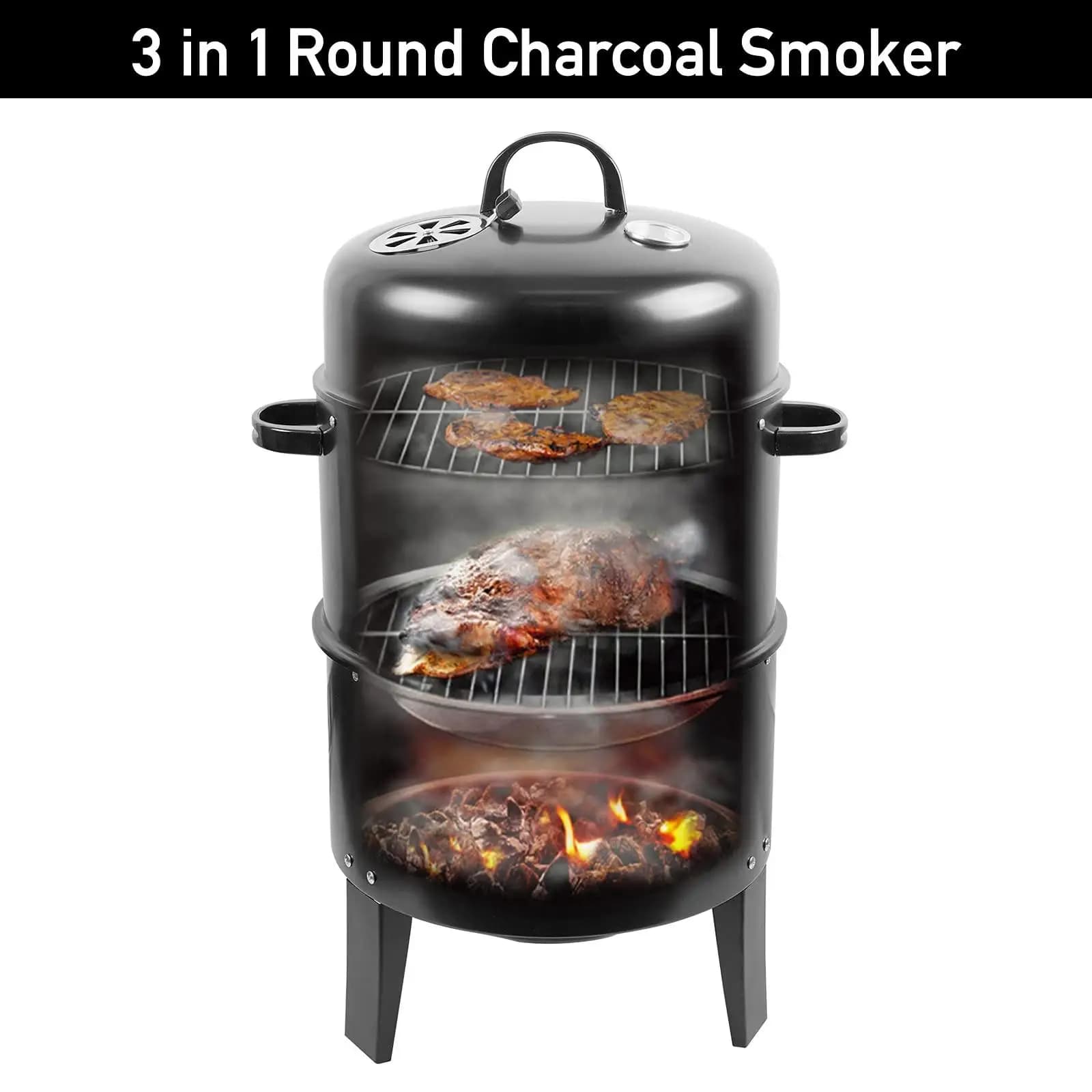Vertical cooker for barbecue, charcoal grill, thermometer, brazier, outdoor garden fireplace, courtyard, hiking, travel, camping, patio