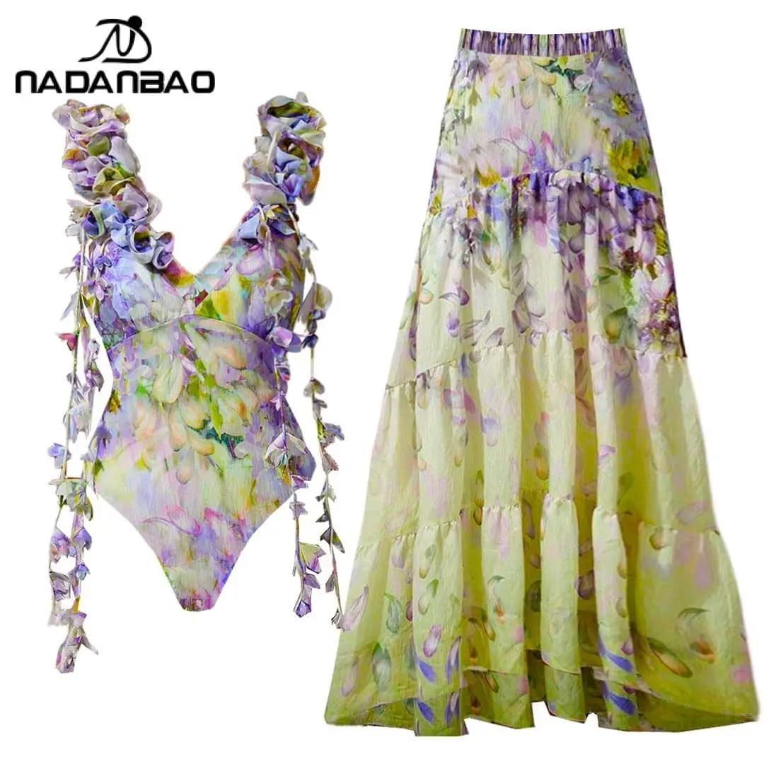 Costume da bagno Nadanbao stile fata con applicazioni e lacci, bikini viola con stampa floreale, set da donna traspirante con gonna da spiaggia per vacanze