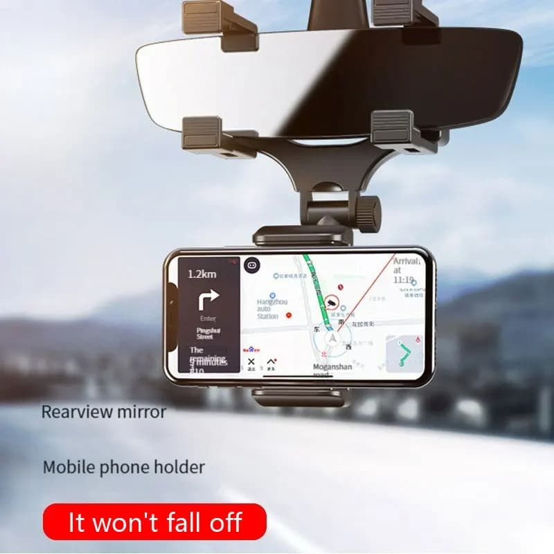 360 ° Supporto per telefono cellulare per specchietto retrovisore per auto Supporto per smartphone Supporto per GPS Supporto per telefono telescopico regolabile rotante