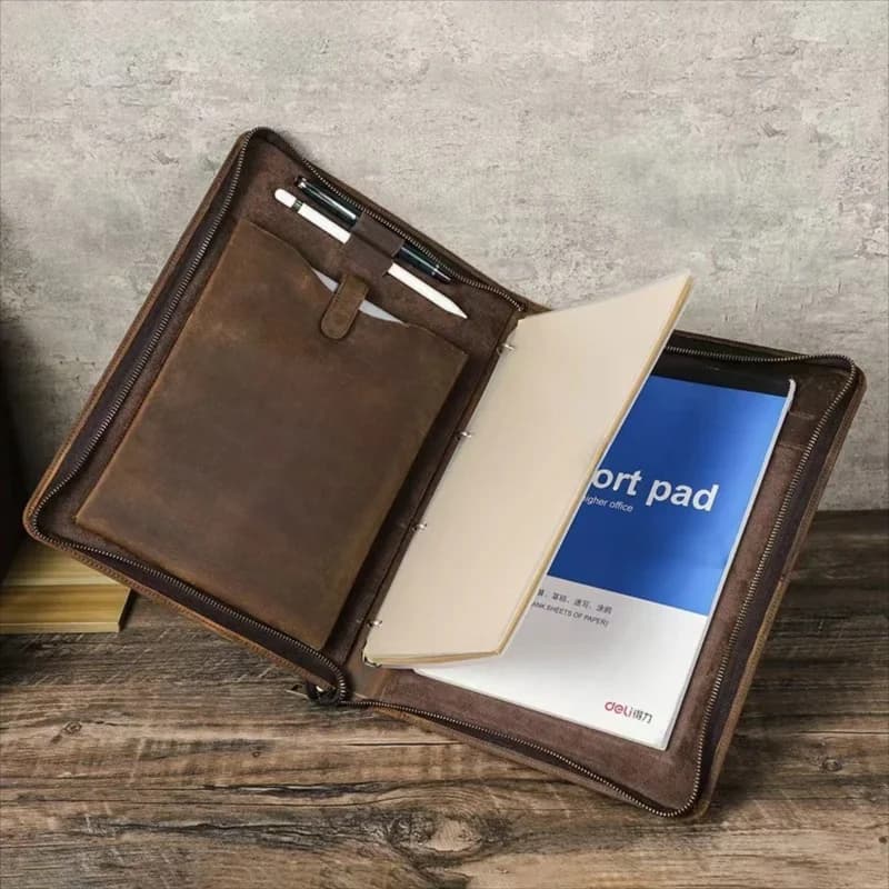 Luxury Retro A4 Cowhide Business Leather Portfolio with 4 Ring Binder Sketchbook Paper Pen Holder Ipad 11 pro Zipper Travel Case