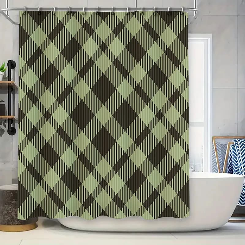 Tenda da doccia scozzese verde Decorazione da bagno impermeabile Tappetino da bagno in poliestere lavabile con motivo stampato di grandi dimensioni