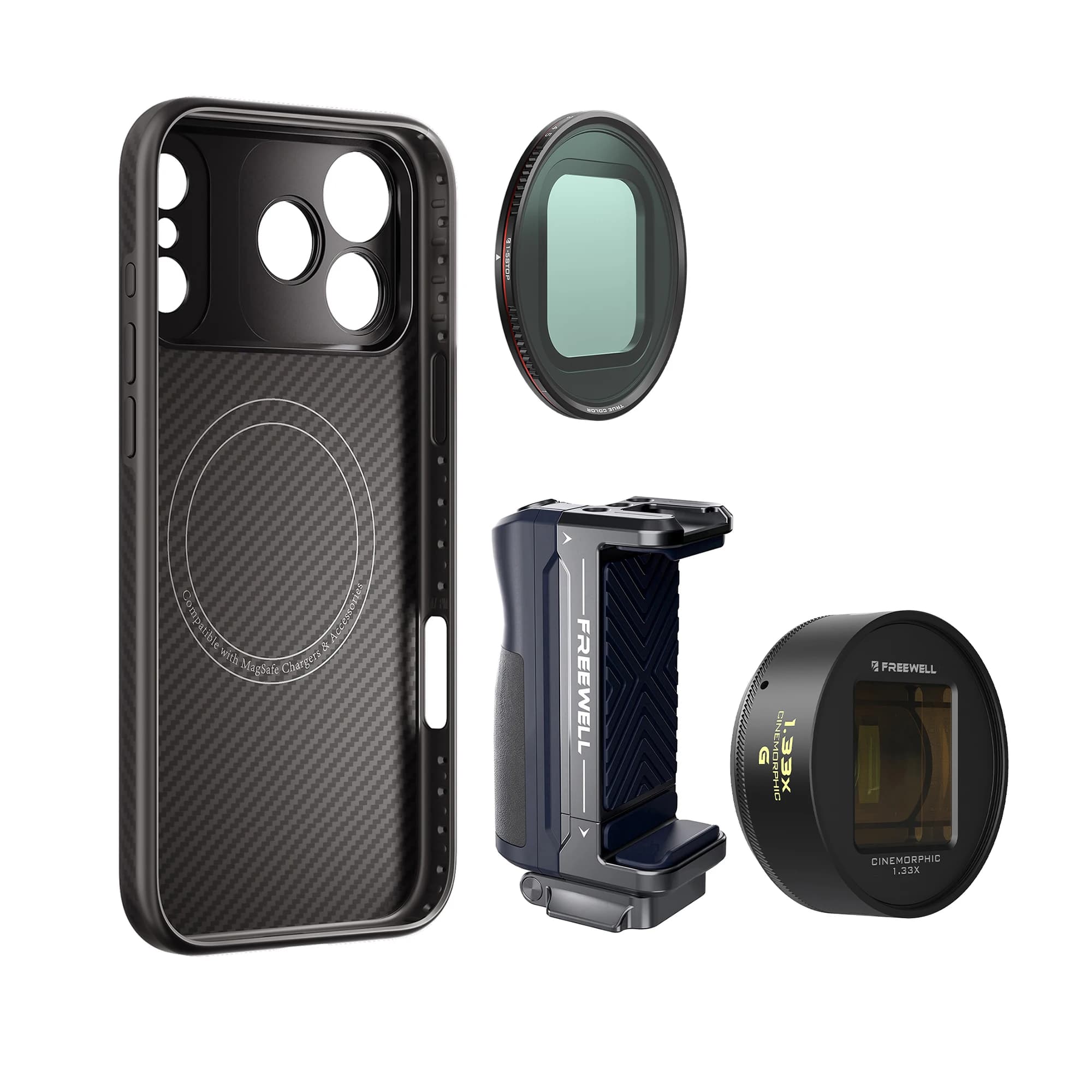 Freewell Kit fotografico mobile Selfie stick Obiettivo anamorfico dorato 1,33x e filtro VND per iPhone 17/16/15/14/13 Pro e Pro Max
