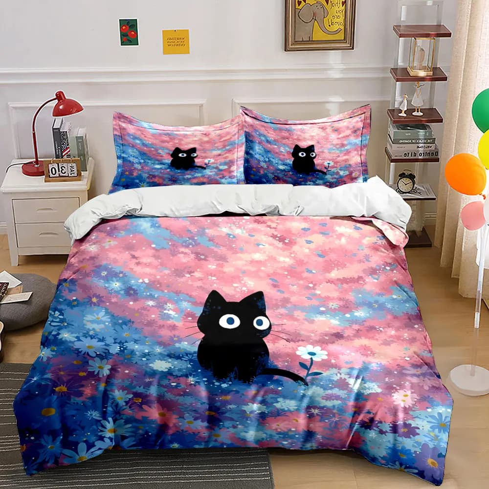 Set copripiumino con motivo gatto nero e mare floreale, stampa digitale, biancheria da letto colorata in poliestere con chiusura a cerniera, per regali per bambini
