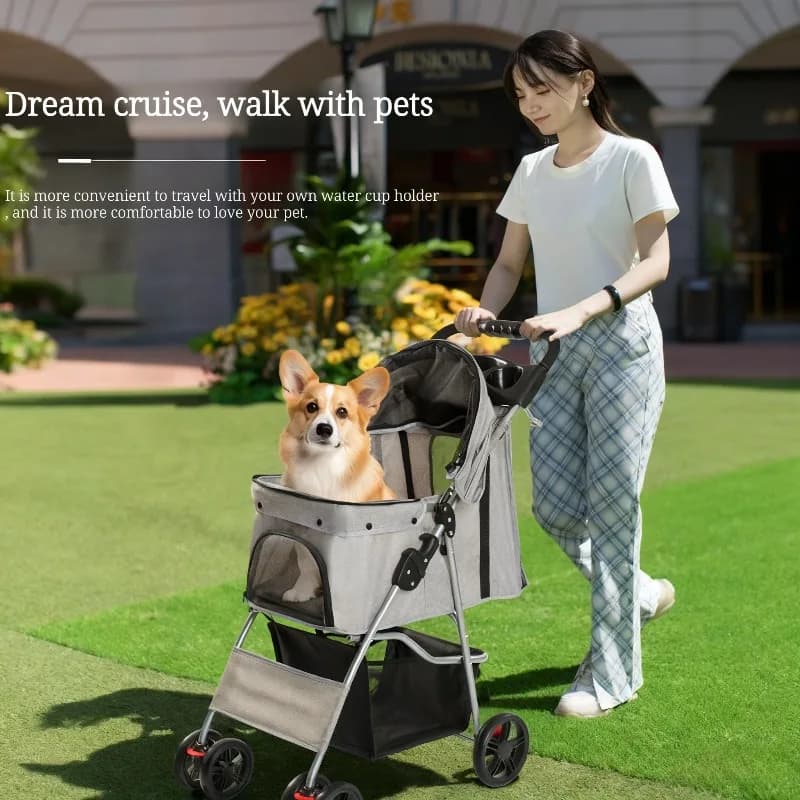 Passeggino per animali domestici Passeggino per cani Carrello staccabile per cani Doppio strato Leggero Assorbimento degli urti a quattro ruote kez