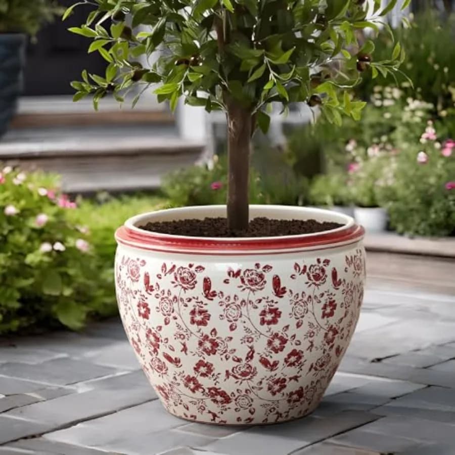 Vasi per Piante in Ceramica Rotondi LuxenHome 17 cm, Moderni Rossi con Decorazioni Floreali Smaltate, per Interni ed Esterni, con Fori di Drenaggio