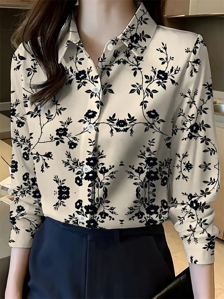 Camicia a maniche lunghe con risvolto da donna nuova casual allentata centinaia di tendenza della moda modello floreale abbigliamento da viaggio quotidiano all'aperto da donna