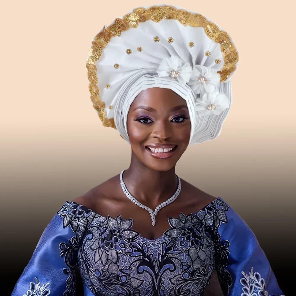 Beaded Turban Cap for Women African Wedding Headwear Auto Gele Aso Oke Headties Hijab Bonnet Head Wrap Hat Nigeria Headgear 2025