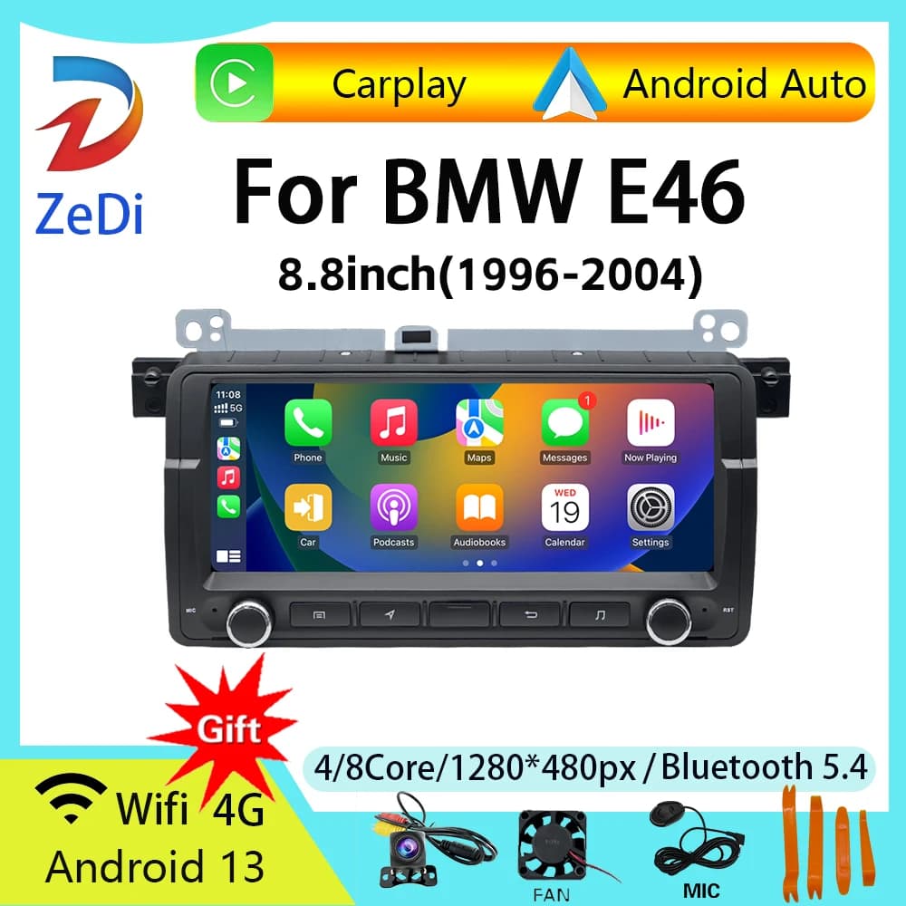 Adatto per BMW E46 dal 1996 al 2004, 8,8 pollici, nel lettore multimediale per auto GPS, WIFI, Android 13, ecc.