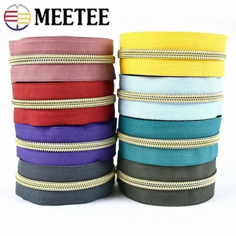 2/5/10/20M Meetee 5 # Nastro con cerniera in nylon Denti dorati e argento Cerniere a spirale Borsa Decorazione per indumenti Kit di riparazione con cerniera Accessori per cucire fai-da-te