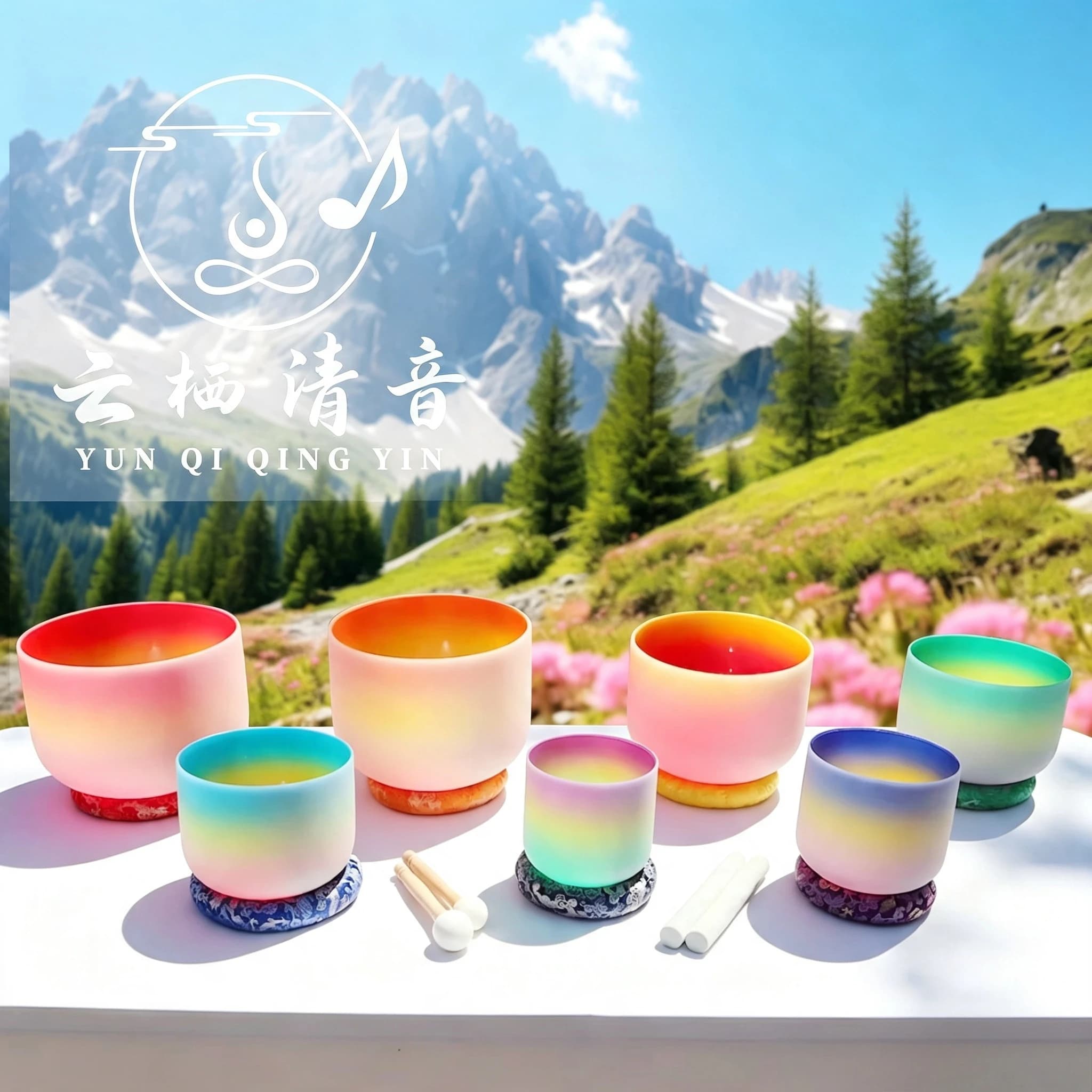 YUN QI QING YIN 7 Pieces 6-12 Inch Rainbow Frosted Chakra Quartz Singing Bowl Set 432Hz 440Hz Available Complete With Silk Cushion Rings And Protective Bag Yoga Sound Therapy