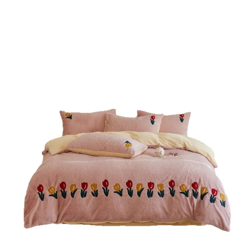 Dolce pastorale piccolo coniglio fresco pile di latte set di quattro pezzi asciugamano tulipano addensato invernale ricamato rosa