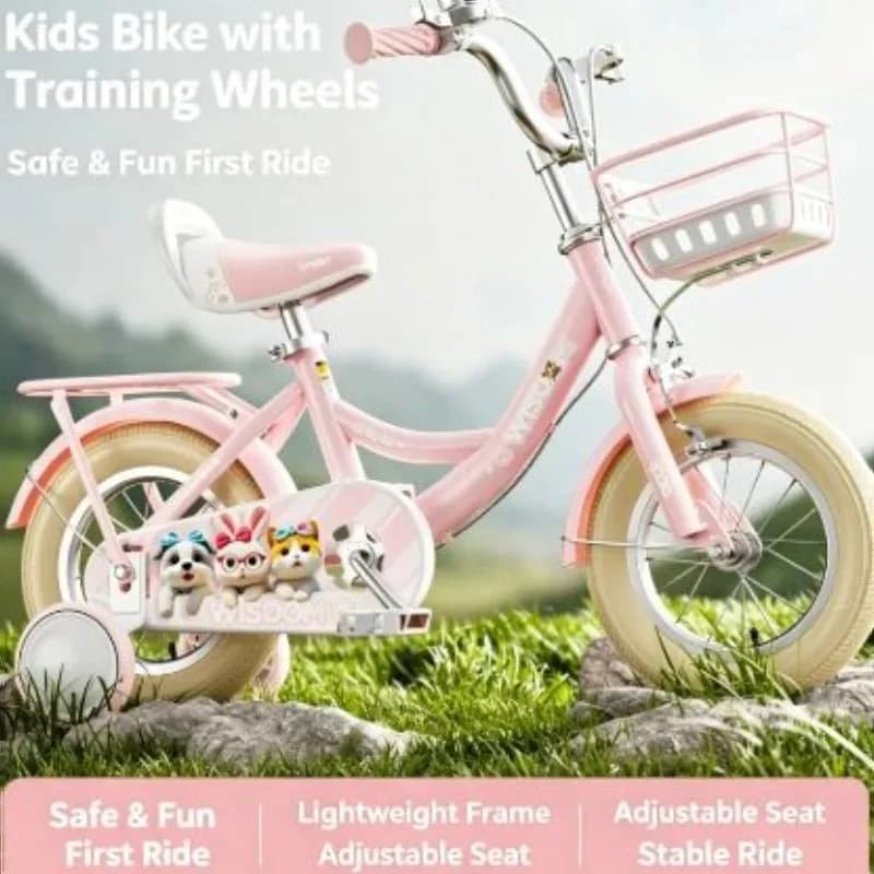 Bicycle for Girls 12 14 16 Inch with Training Wheels Basket High Carbon Steel Frame Comfortable Seat Outdoor Ride