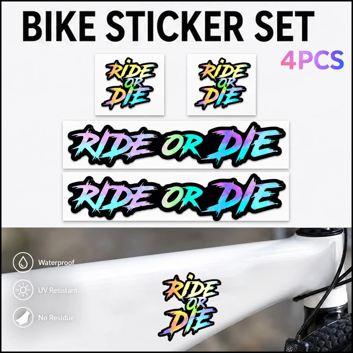 4Pcs Holographic Ride Or Die Bike Vinyl Stickers, Waterproof Decals for Bicycle Frame, Motorcycle & Helmet Decor