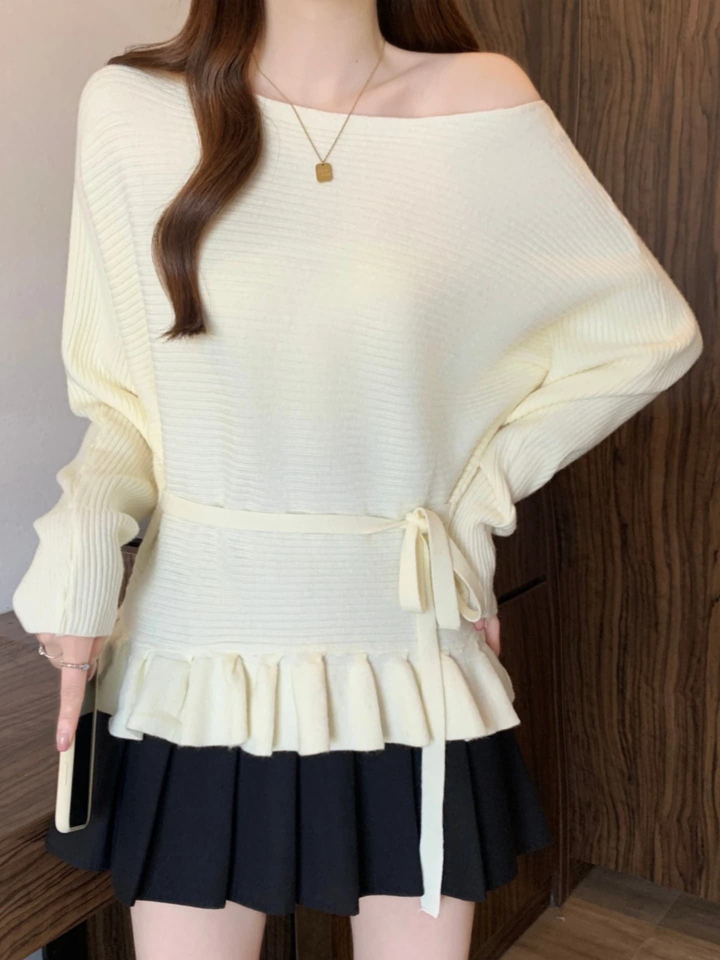 Slimming Belted Knitted Base Shirt Women's Sweater Shoulder Bared Side Collar Spring Autumn plus Size Conceals Belly