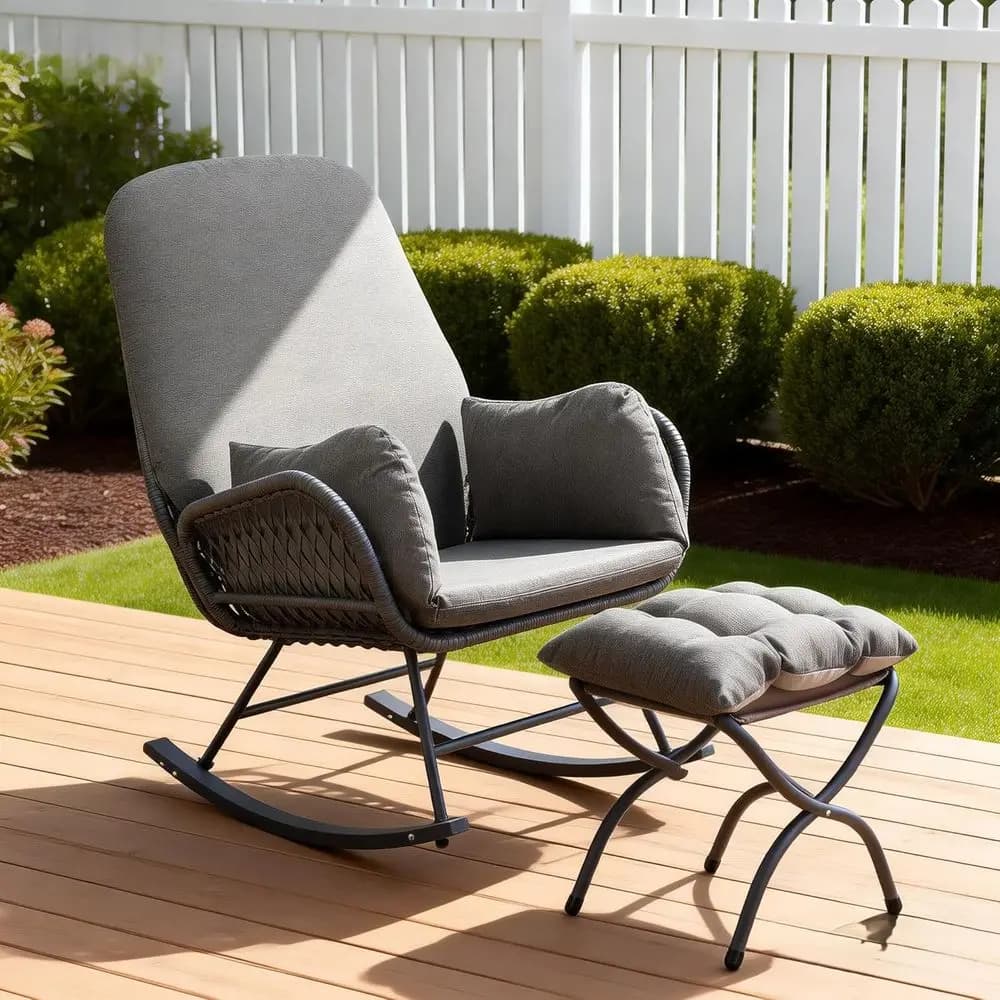 All-Weather Outdoor Wicker Rocking Chair Set with Cushions for Patio, Balcony, or Indoor Use