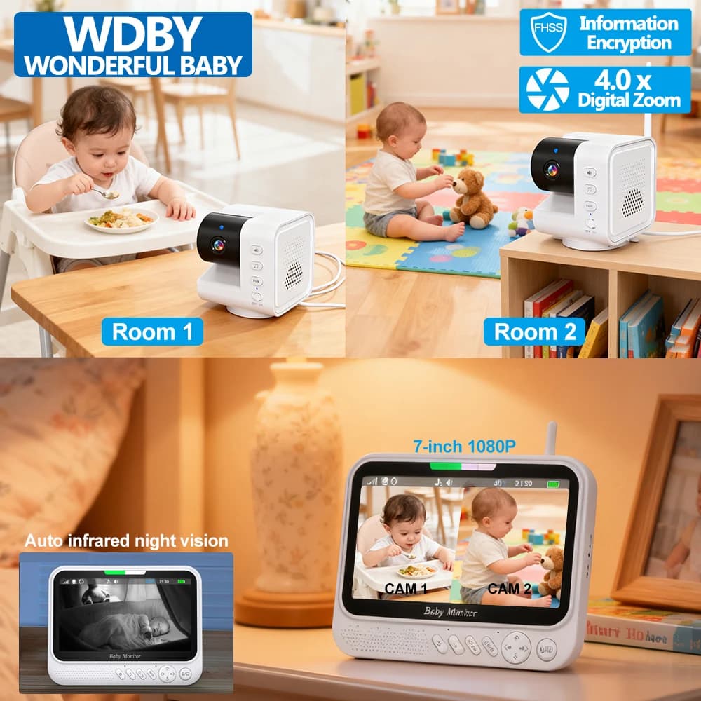 Baby monitor video da 7,0" con telecamera PTZ da 2 pezzi e zoom 4x Audio bidirezionale Visione notturna IR Batteria da 5000 mAh Ninne nanne per le nuove madri