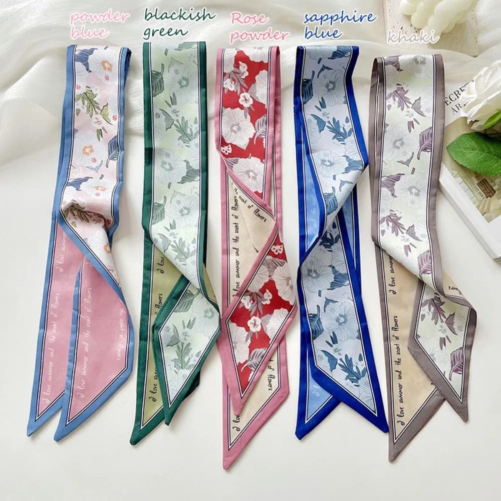 Elegant Floral Silk Scarf Long and Stretta Silk, Sottile Scarf, Hairband, Bag Decoration, Holiday Head Scarf