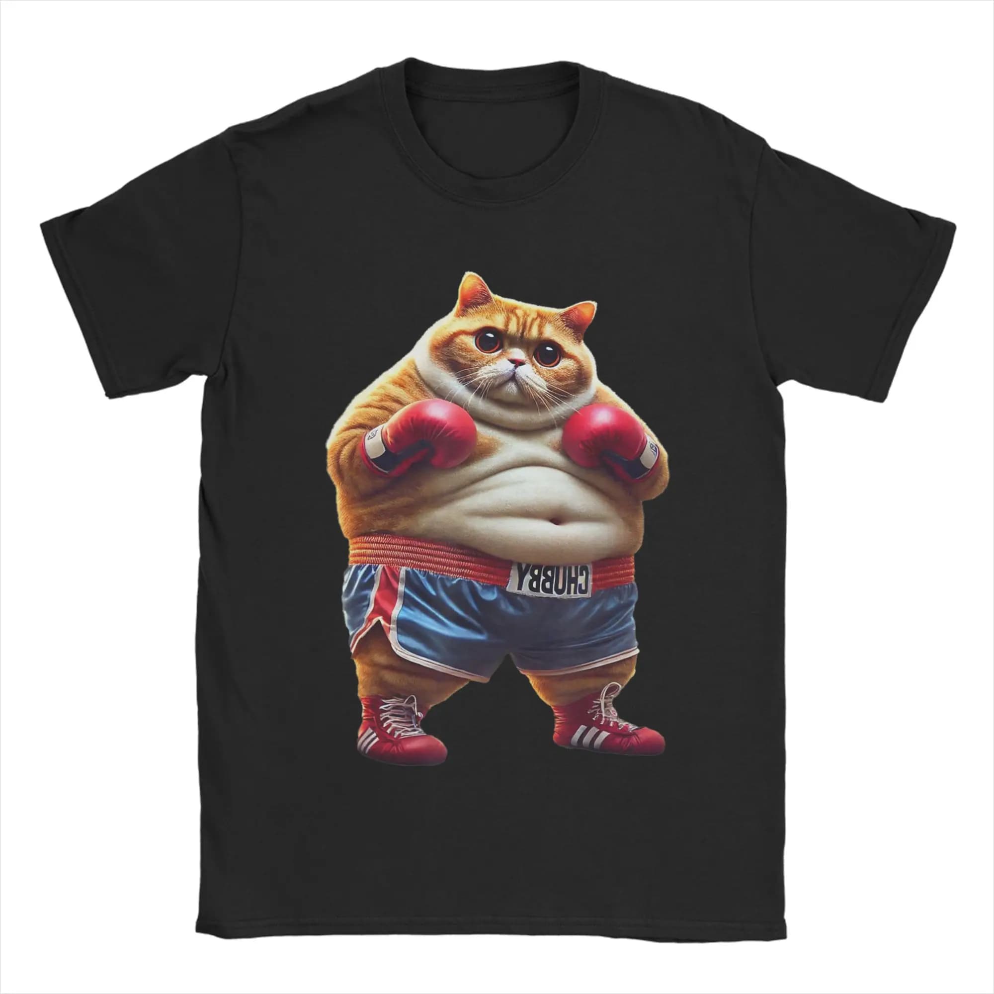 Funny T-Shirt with Cat Making Boxing with Gloves, Meme Anime T-Shirt, Beach T-Shirt, Men's T-Shirt with Round Neck, Court Sleeves