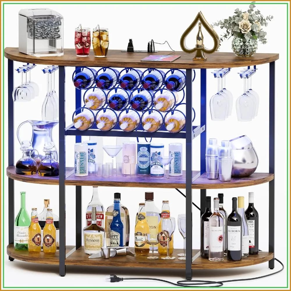 LED Lighted Wine Bar Cabinet with Outlets, 4-Tier Storage, Glass Holder, Freestanding for Home