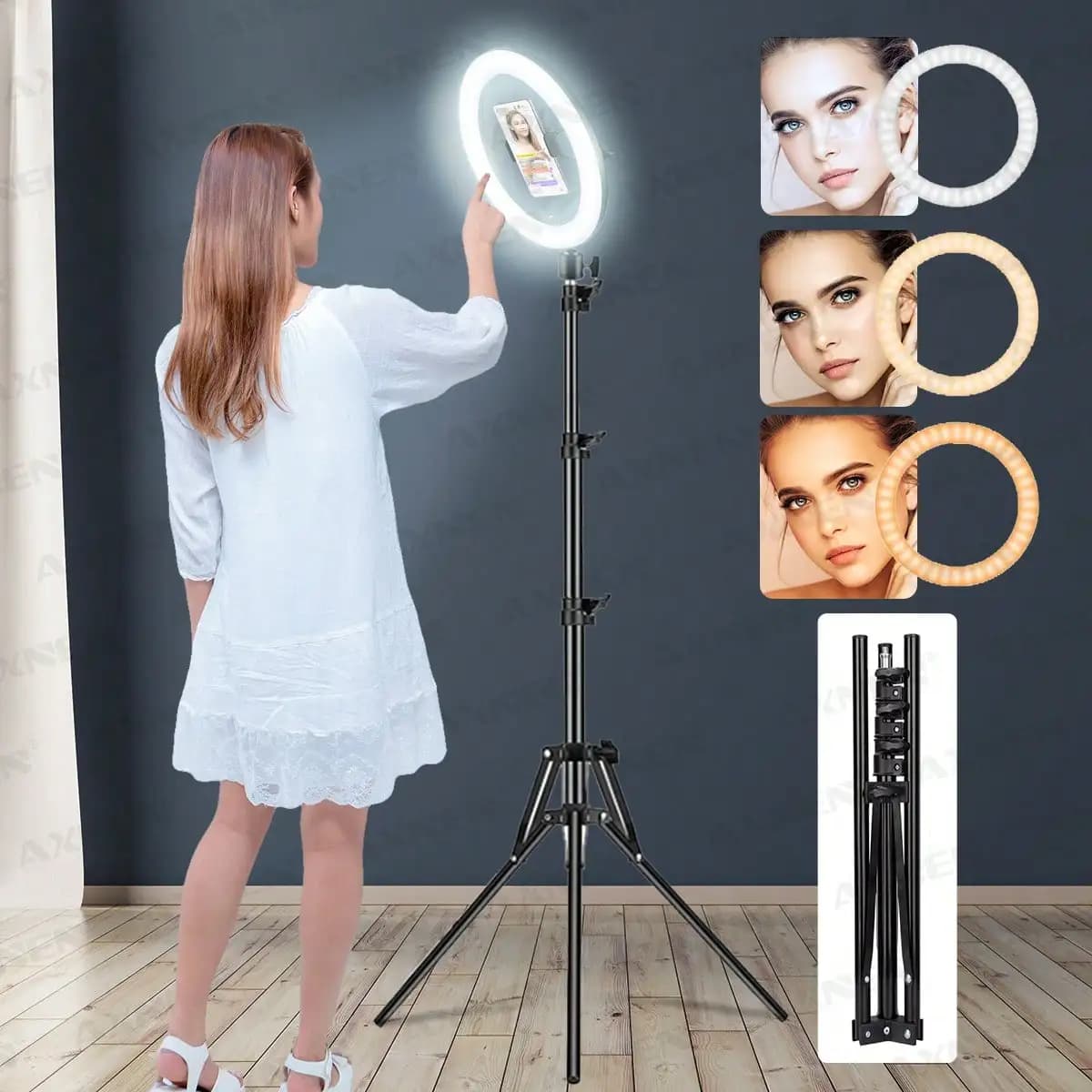 Anello luminoso da 10 pollici con treppiede pieghevole (kit ring light complessivamente 71 pollici di altezza), luce circolare a LED con supporto per telefono, per selfie, registrazione video, riunioni Zoom, fotografia, live streaming