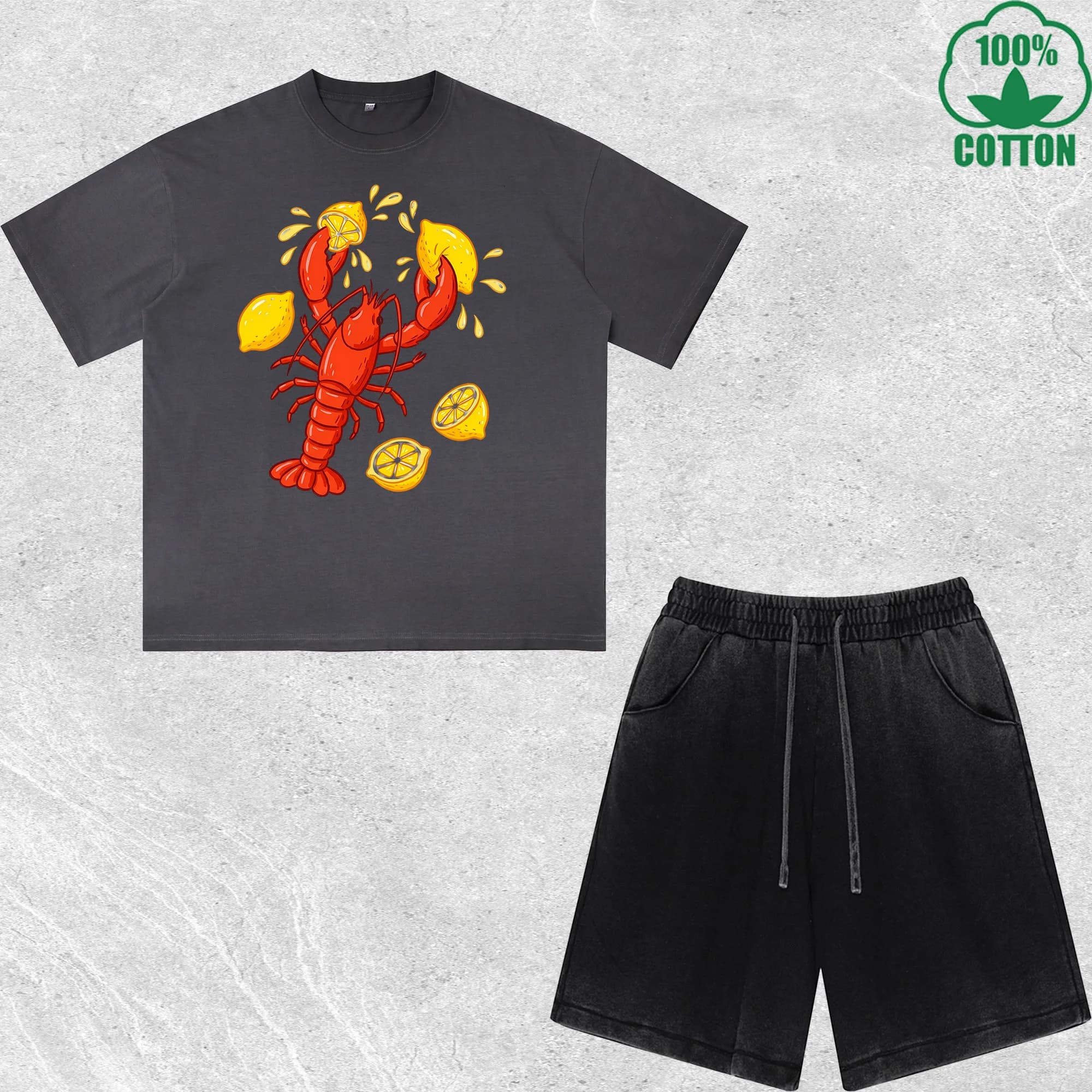 T-Shirt and Shorts Summer Set with Limoni and Aragoste Printing, Washed Effect, Trendy Style and Comfortable, 100% Cotton, Convenient Pack