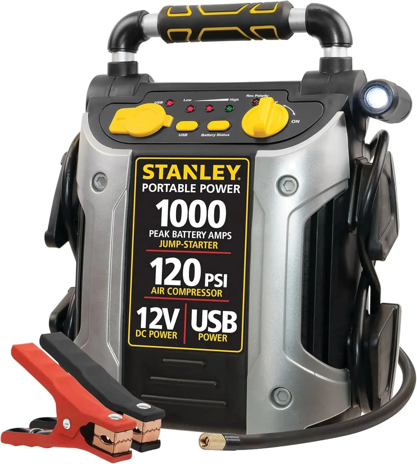 Avviatore di Emergenza Portatile da 1000 Amp di Picco con Compressore d'Aria, Porta USB e Luce LED per Veicoli e Pneumatici