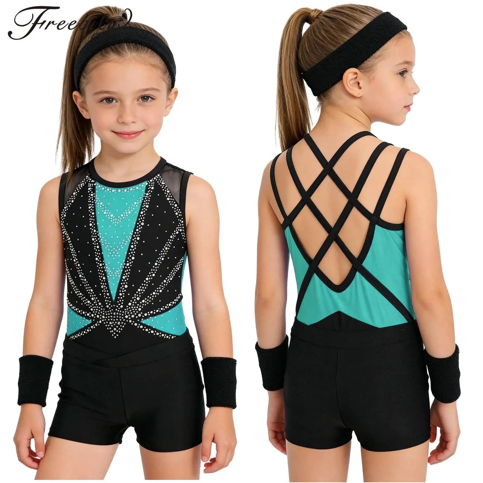 Girls Gymnastics Leotards Sleeveless Shiny Rhinestones Ballet Dance Acrobatics Performance Bodysuit with Shorts Sports Headband