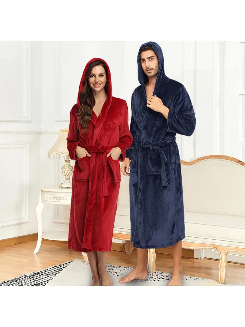 Accappatoio con Cappuccio in Peluche Spesso per Donna, Versione Lunga Autunno Inverno, con Cintura, Coordinato per Coppie, in Fibra di Poliestere