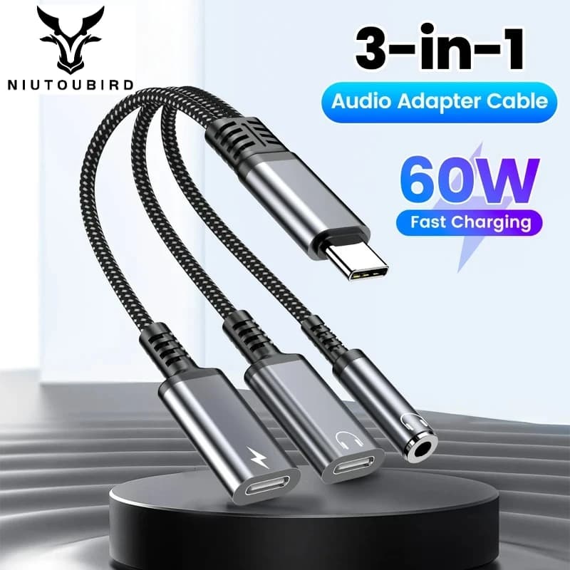Cavo adattatore audio 3 in 1 Cavo convertitore da 60 W a ricarica rapida da tipo C maschio a doppio tipo C da 3,5 mm femmina per iPhone 15 16 Samsung