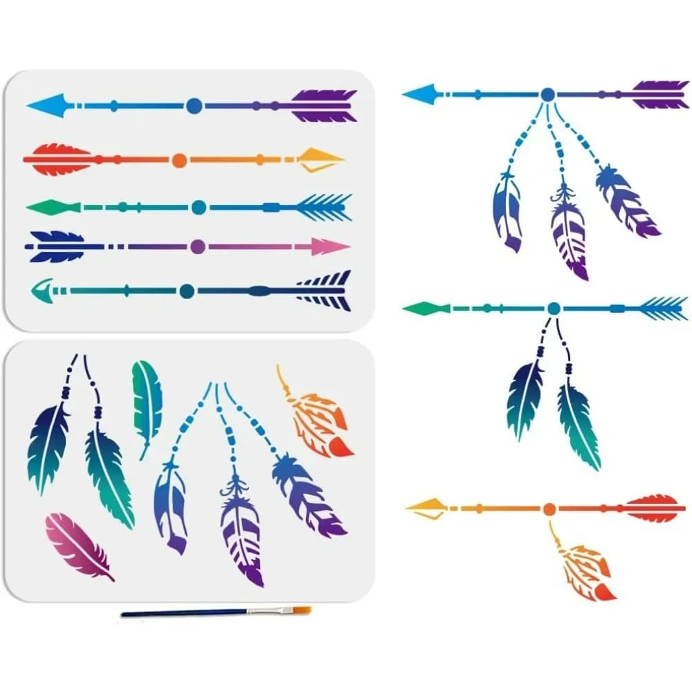 Stencil tribali di piume di arco e freccia da 2 pezzi 11,7 × 8,3 pollici Stencil di piume decorative in stile di giunzione con pennello Boho Arrow
