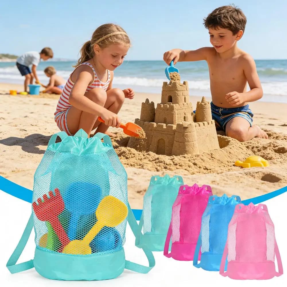 Borsa da spiaggia a rete grande per bambini, porta giocattoli da sabbia, zaino pieghevole con doppie spalline, borsa portaoggetti per piscina, borsa a rete da viaggio