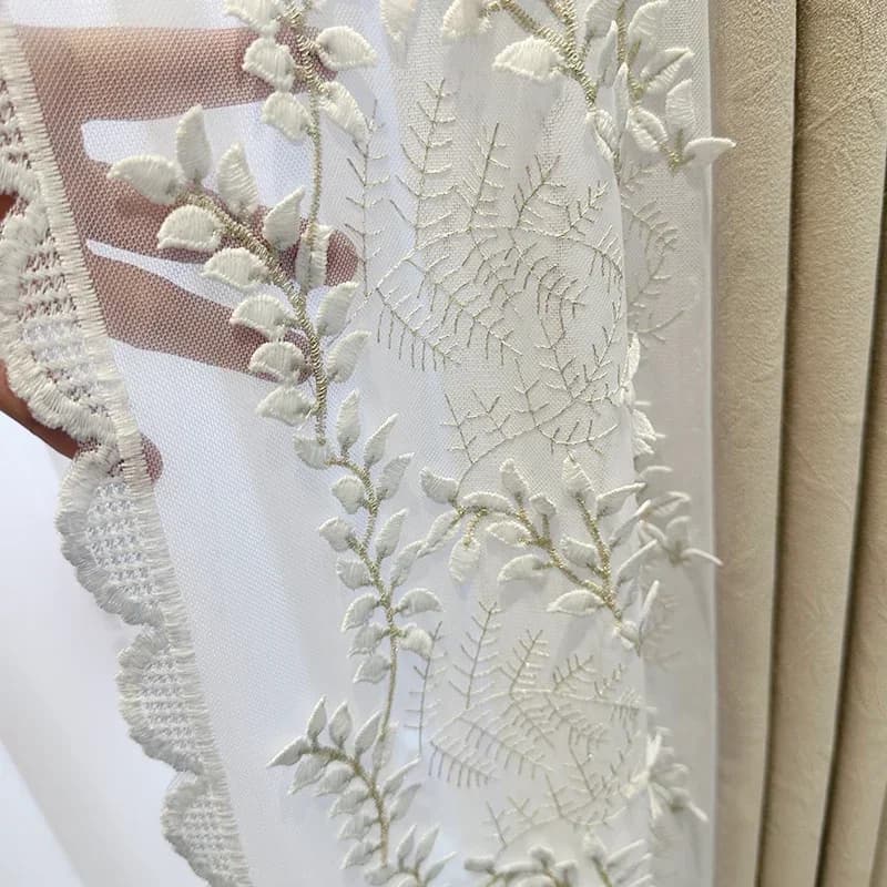 New Customized Villa Milk Tea Color Embossed Jacquard Chenille Lace Stitching Curtains For Living Room Bedroom Finished Product