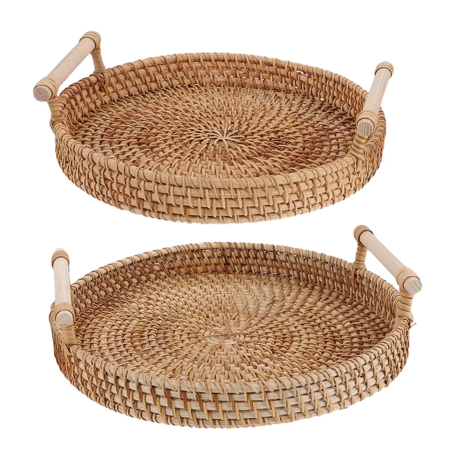 2Pcs Round Rattan Vanity Tray Natural Handwoven Bathroom Countertop Organizer Decorative Serving Basket for Towels Candles