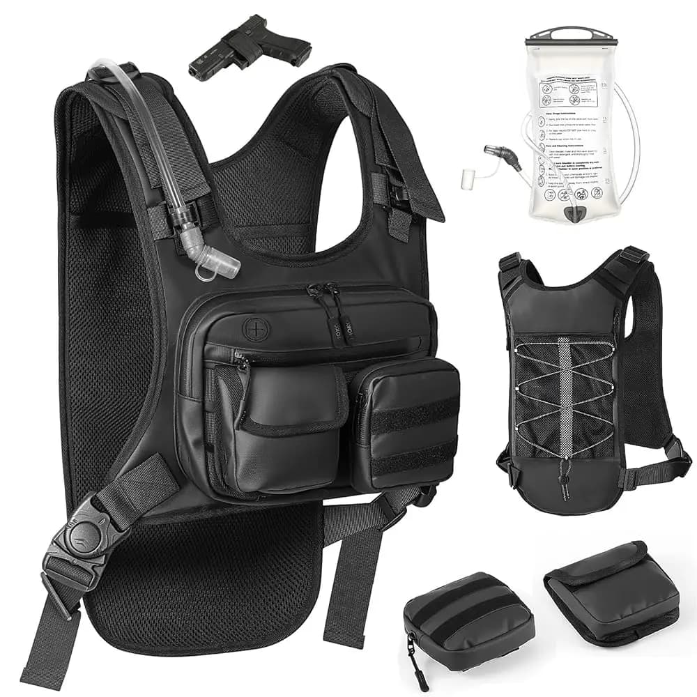 Zaino idrico con sacca d'acqua da 2L, zaino idrico leggero riflettente con portaoggetti sul petto