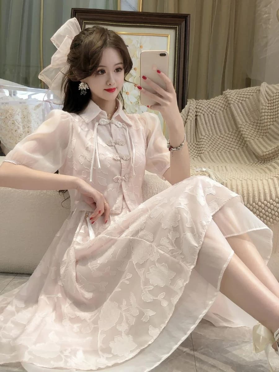 Elegant Chinese Style Summer Outfit High Waist Tassel Trimmed Long Dress Set with Belted Top Soft Cotton A-Line Skirt