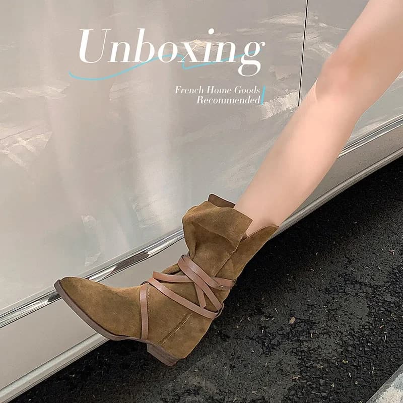 2026 new autumn winter women ankle boots natural leather 22-24.5cm cow suede pointed toe strap thick heel short boots fashion