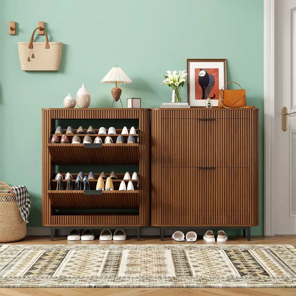 Mobiletto per Scarpe in Legno con Arco Stretto, 4 Ante, Gambe in Metallo e Finitura Noce per Corridoio