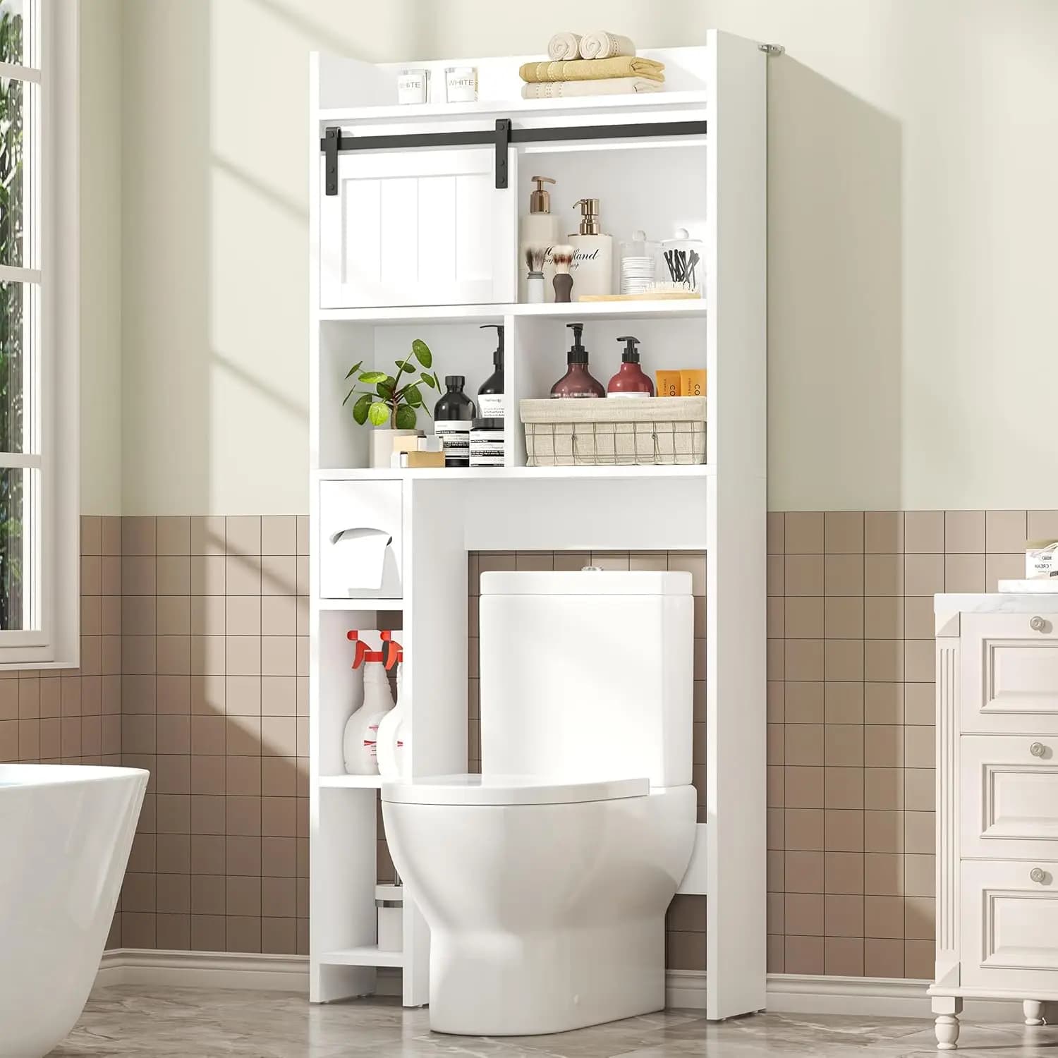 Mobiletto Salvaspazio per Bagno con Porta Scorrevole e Porta Carta Igienica, Bianco, Personalizzabile