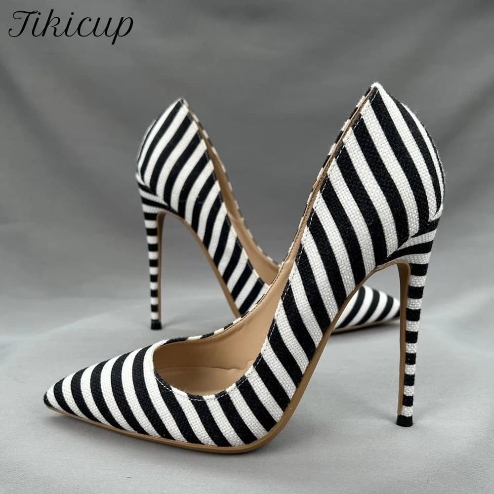 Veowalk Fashion Women Striped High Heels 12Cm Stiletto Pointed Toe Pumps Elegant Canvas Dress Shoes For Nightclub Evening Party