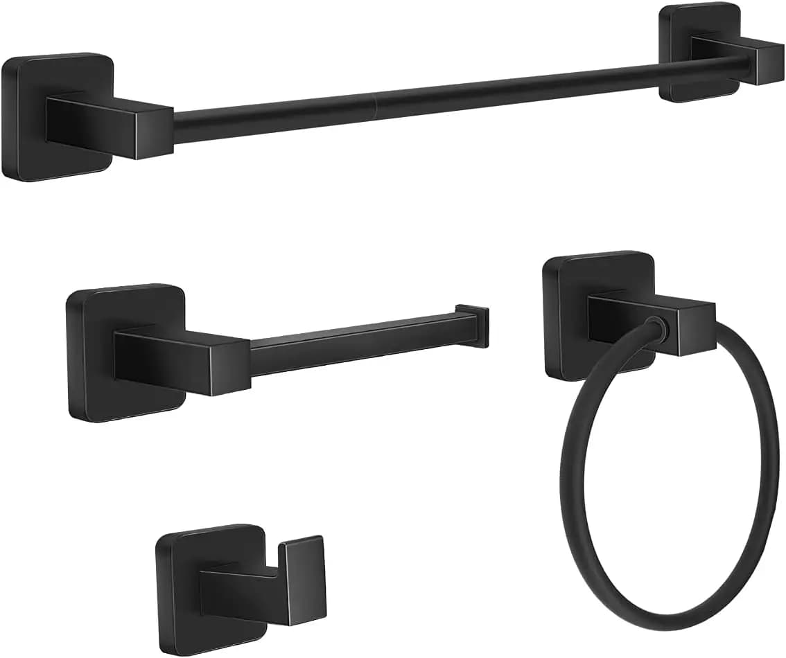 Set di accessori per il bagno in acciaio inossidabile nero opaco da 4 pezzi con portasciugamani, anello, ganci e portarotolo per carta igienica