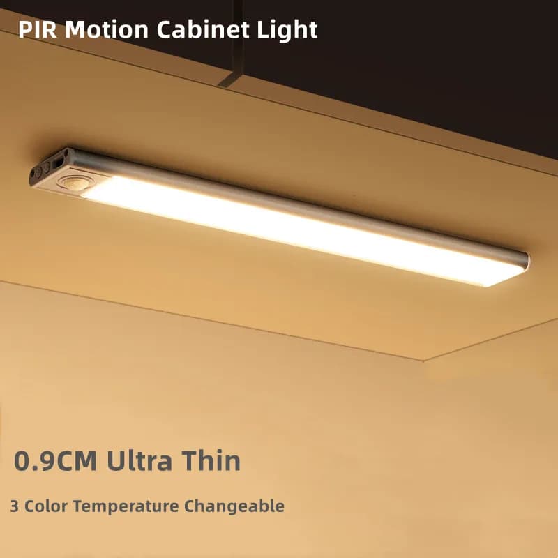 3CCT 0.9CM Aluminum Ultra thin LED Cabinet Lights PIR Motion Sensor + Light Sensor Led USB Rechargeable Strip Light