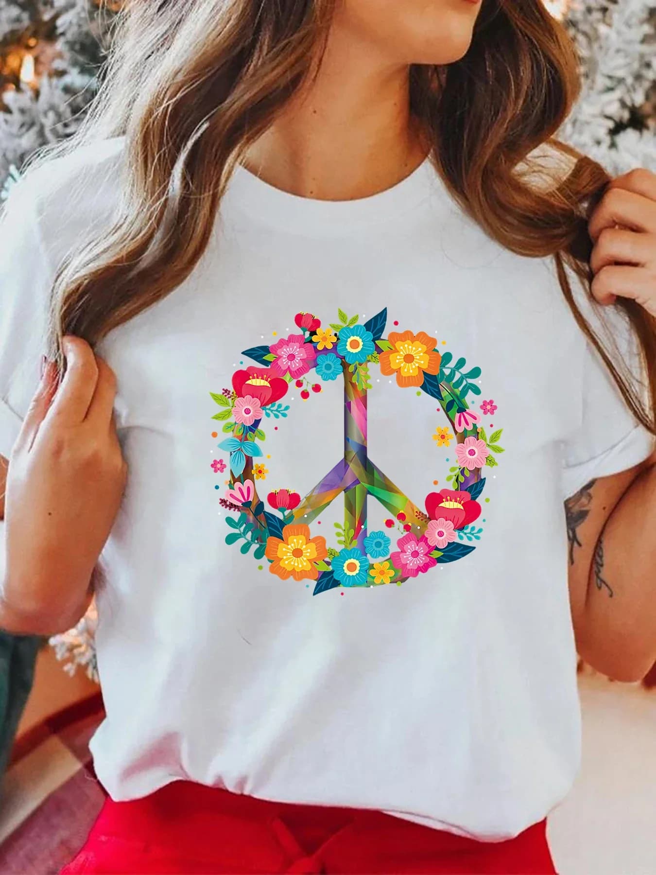 T-shirt estiva casual da donna anni '60 '70 con stampa grafica Peace Love Hippie Tie-Dye a maniche corte e girocollo