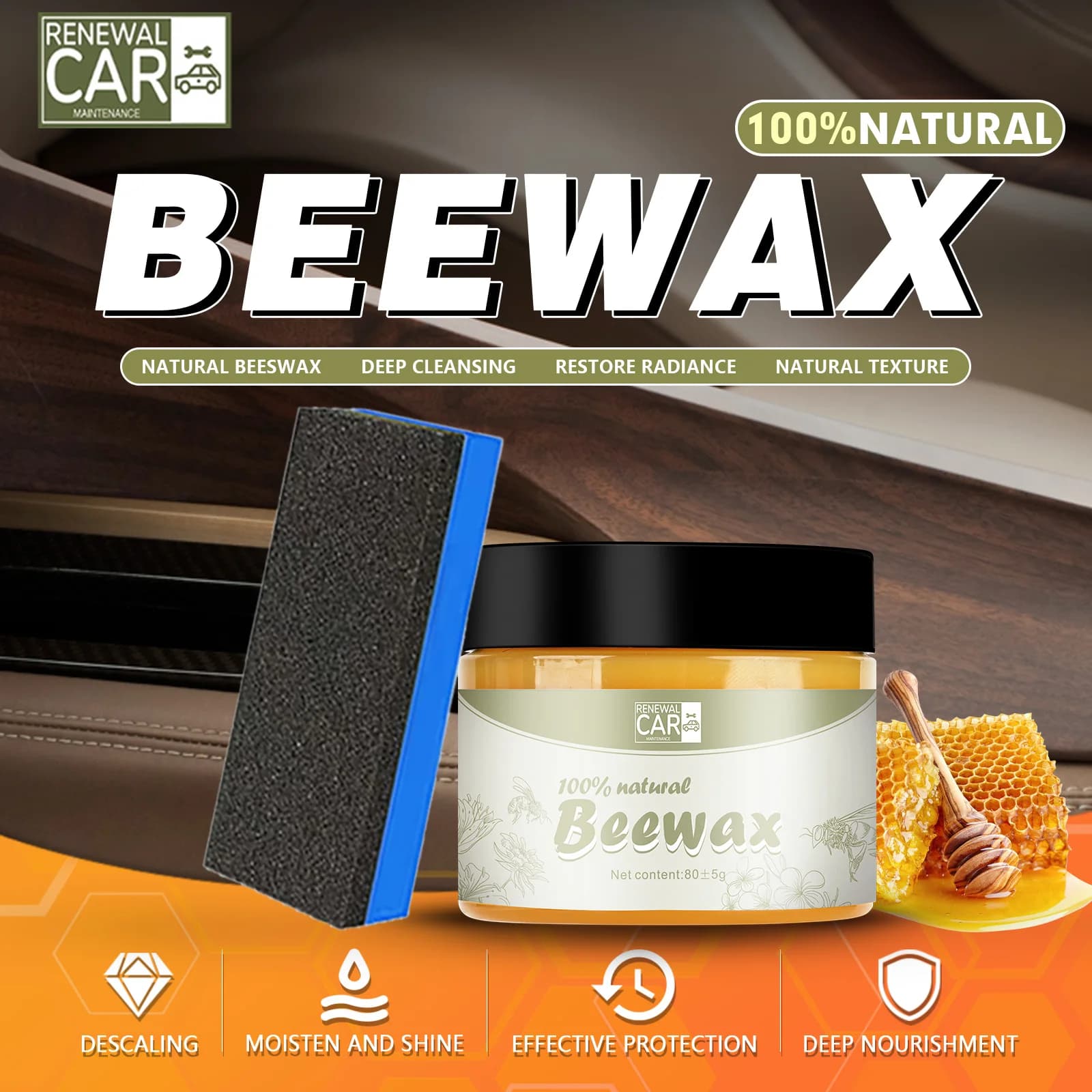 Cera d'api per auto - 100% naturale, per interni in legno per auto e superfici in legno per la casa. Pulisce, lucidare, protegge, ripristina la lucentezza. Facile da usare