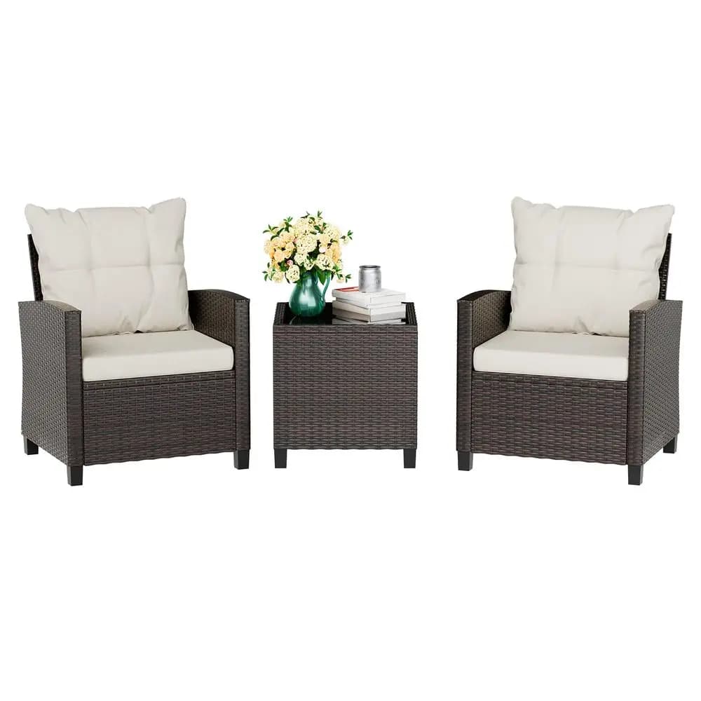 Set da 3 Pezzi per Esterni: Piccolo Set Bistro in Rattan Intrecciato per Portico con Sedie Imbottite e Tavolino da Conversazione