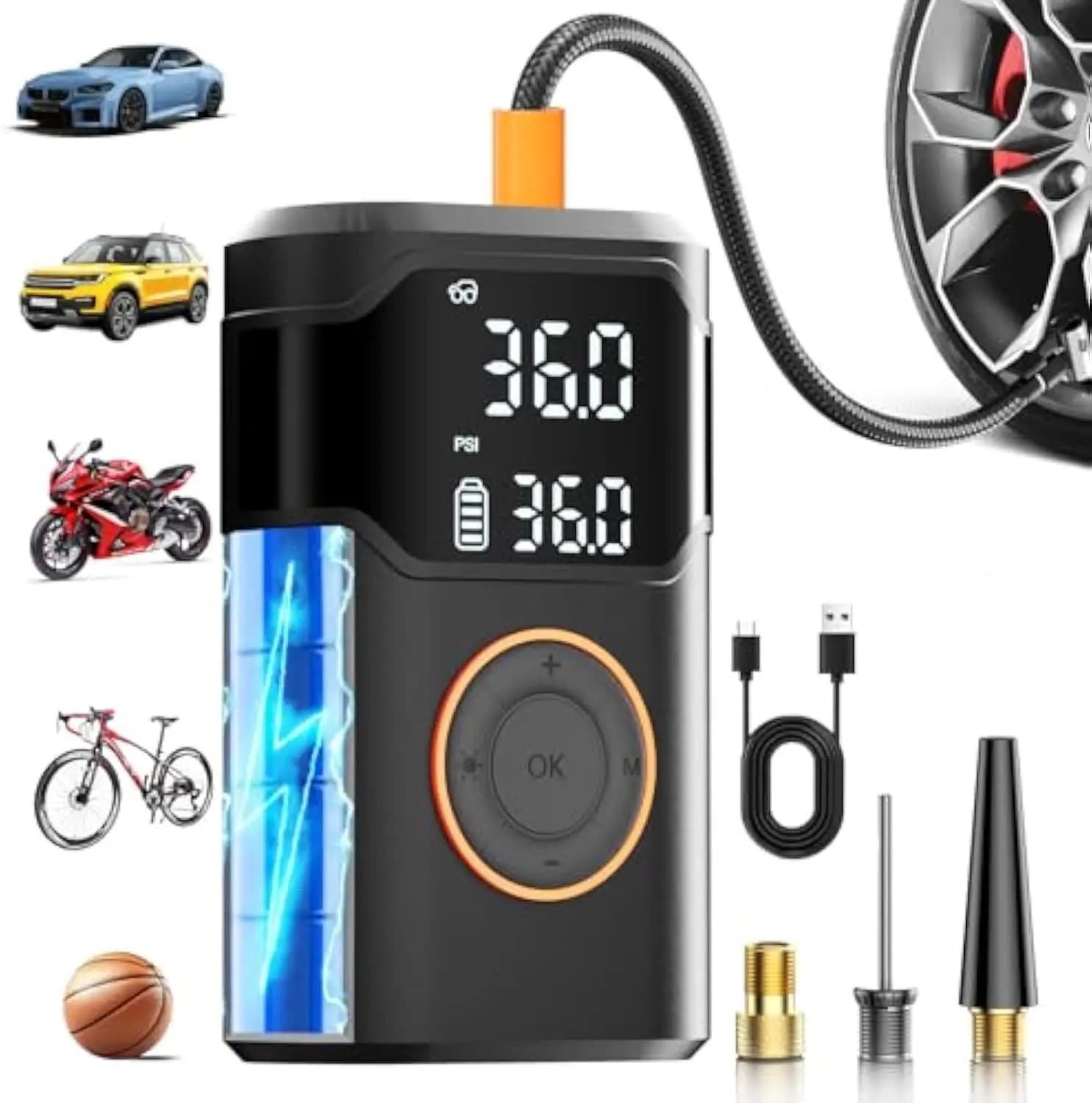 Gonfiatori per pneumatici con compressore per pompa d'aria per auto, portatili, senza fili, portatili, senza fili, elettrici ricaricabili automatici