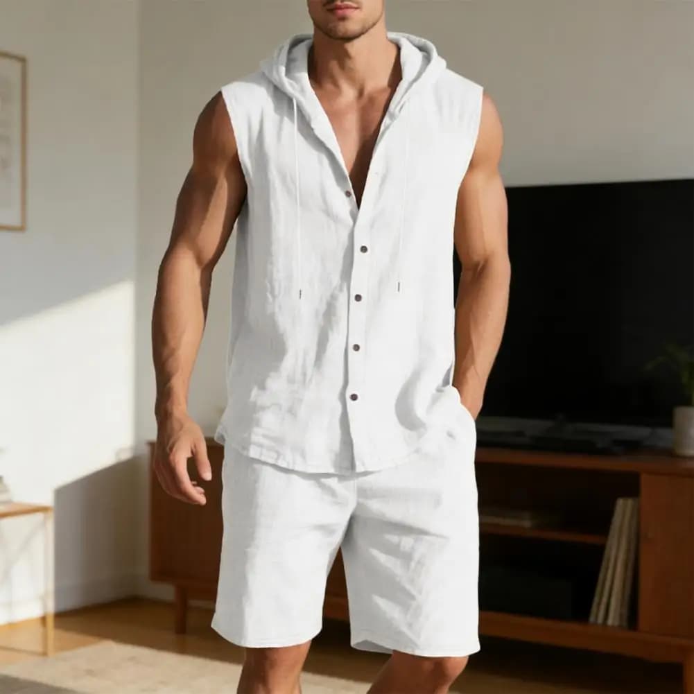 Completo da uomo due pezzi: camicia senza maniche con cappuccio e pantaloncini elasticizzati regolabili – ideale per escursioni, allenamento e outfit casual estivo