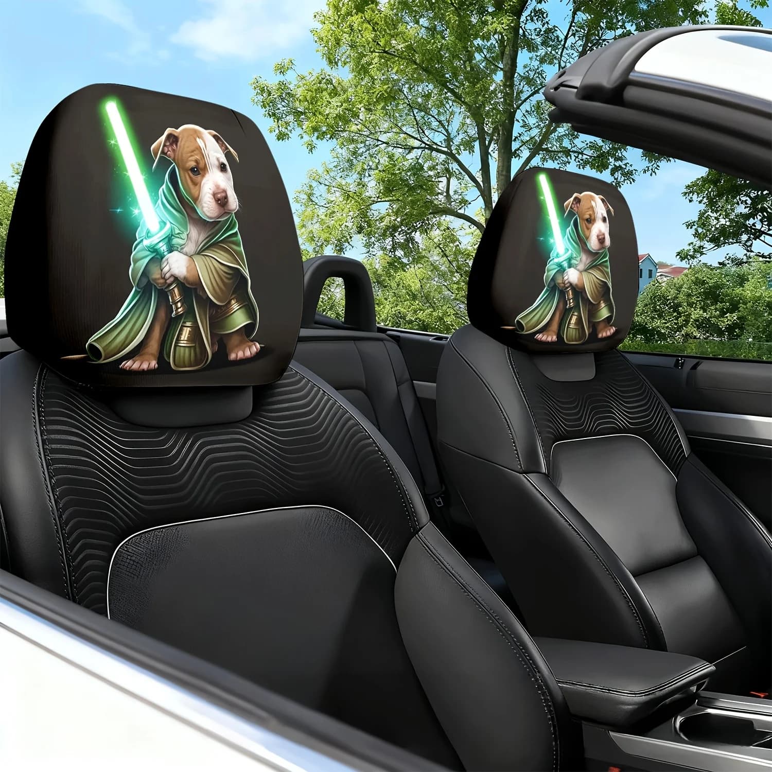 2 Copri Poggiatesta Auto con Stampa a Tema Cucciolo che Tiene una Spada Luminosa e Samurai - Antiscivolo, Resistenti