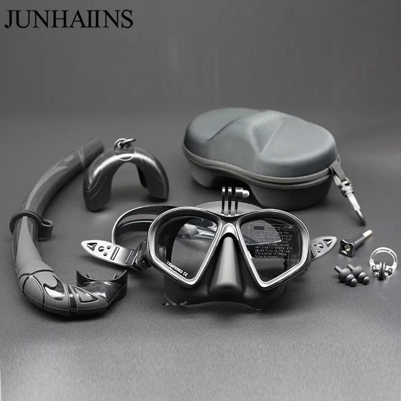 Professional mask for low volume wet apnea, tempered glass apnea mask, J type underwater mask, snorkeling set, with camera support